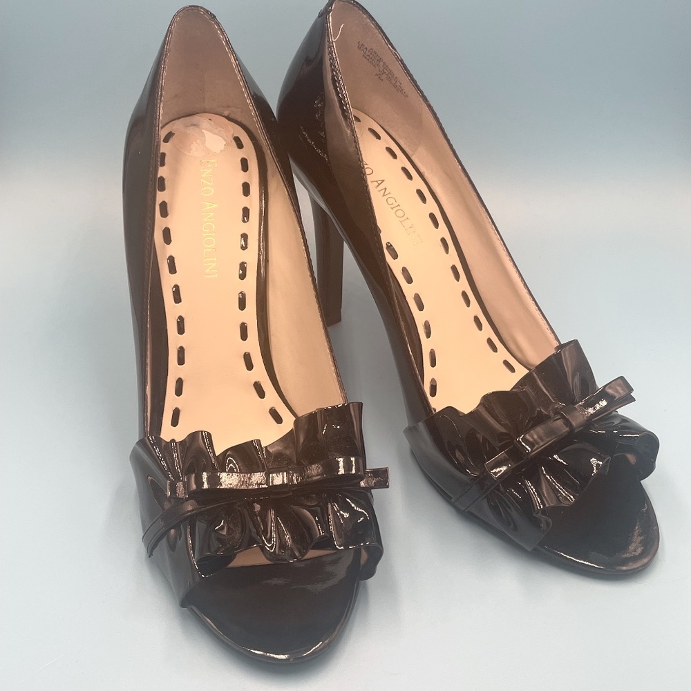 Enzo Angiolini Ruffle Bow Peep Toe Dress Pumps - Black Patent